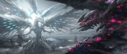 absurdres claws deep-eyes_white_dragon dragon duel_monster floating gandora-x_the_dragon_of_demolition glowing highres leo-dont-want-to-be-a-painter scenery sky yu-gi-oh!