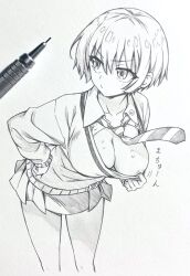 Rule 34 | 1girl, amate yuzuriha, areola slip, art tools in frame, breasts, closed mouth, collared shirt, commentary request, cropped legs, eyelashes, graphite (medium), greyscale, gundam, gundam gquuuuuux, hair between eyes, hand on own hip, highres, large breasts, leaning forward, monochrome, necktie, seishun dendeke, shirt, short hair, skirt, solo, striped necktie, traditional media