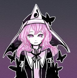 Rule 34 | 1girl, alternate costume, alternate headwear, bad id, bad pixiv id, bug, butterfly, facing viewer, female focus, insect, koumajou densetsu, koumajou densetsu 2, looking at viewer, monochrome, no pupils, open mouth, pink eyes, pink hair, saigyouji yuyuko, solo, touhou, triangular headpiece, zanamaoria