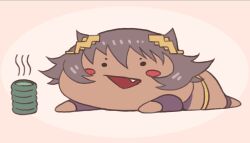 1girl blush brown_hair cup fang hair_horns hair_ornament hitomaruniigo looking_at_viewer lying neptora on_stomach open_mouth original solo spiked_hair steam tagme triangle_mouth two-tone_background