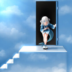 1girl absurdres bowing closed_eyes crossed_legs door fins fish_tail flatculture gawr_gura grey_hair hair_ornament hand_on_own_chest highres hololive light_smile parody petite shark_girl shark_tail shoes short_hair stairs standing sunlight sweater tail the_truman_show