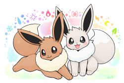 Rule 34 | :3, alternate color, animal focus, blush, brown fur, commentary, eevee, fluffy, gen 1 pokemon, looking at viewer, lovewolf5122, lying, nintendo, no humans, open mouth, pokemon, pokemon (creature), pokemon focus, shiny and normal, shiny pokemon, sitting, smile, symbol-only commentary, white fur