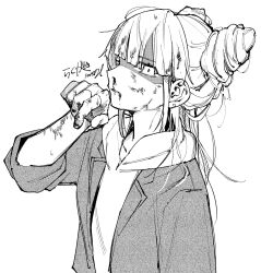 100387l 1girl blood blood_on_face blunt_bangs bruise bruise_on_face cone_hair_bun double_bun glaring greyscale hair_bun hair_half_undone hand_up highres hood hood_down injury long_hair looking_at_viewer monochrome nosebleed shaded_face simple_background solo tomarigi_yasumi toshi_densetsu_kaitai_center upper_body white_background wiping_blood