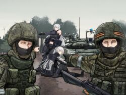 2boys 2girls absurdres ak-12 ak-12_(girls&#039;_frontline) ak-15_(girls&#039;_frontline) assault_rifle balaclava bandaged_arm bandages black_gloves braid cannon closed_eyes detached_sleeves drone faceless faceless_male girls&#039;_frontline gloves gun helmet highres holy_light jacket jacket_on_shoulders kalashnikov_rifle machine_gun meme midriff_peek military military_combat_uniform military_uniform multiple_boys multiple_girls muscular muscular_female one_eye_covered reactive_armor ribbon_of_saint_george rifle russo-ukrainian_war sitting t-80 two_soyjaks_pointing_(meme) weapon white_hair z_(russian_symbol)