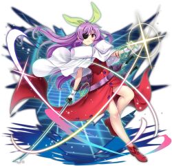Rule 34 | 1girl, belt, boots, bow, bracelet, breasts, buttons, capelet, dress, eyepatch, game cg, gloves, hair bow, highres, jewelry, katana, long dress, loose belt, medium breasts, official art, open clothes, open dress, pinafore dress, ponytail, purple hair, red dress, red eyes, rotte (1109), shirt, single strap, sleeveless, sleeveless dress, sword, third-party source, touhou, touhou lostword, transparent background, watatsuki no yorihime, watatsuki no yorihime (peace temple of modesty and devotion), weapon, white gloves, white shirt, yellow bow