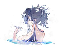 1girl angelia_(girls&#039;_frontline) black_eyes black_hair blueblossom breasts cigarette collarbone commentary english_commentary girls&#039;_frontline holding holding_cigarette parted_lips partially_submerged scar scar_on_breasts scar_on_head scar_on_neck short_hair_with_long_locks simple_background solo upper_body water wet white_background