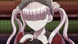 1girl animated black_bow black_headband bow crying female_focus hair_bow headband long_hair pink_hair solo tagme tears the_hundred_line_-last_defense_academy- tsukumo_kako twintails video