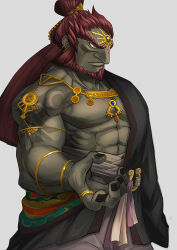 Rule 34 | 1boy, abs, absurdres, aquiline nose, bara, beard, closed mouth, facial hair, ganondorf, grey background, hair bun, highres, large pectorals, looking ahead, male focus, mature male, muscular, muscular male, nintendo, nose, pectorals, ponytail, simple background, solo, the legend of zelda, the legend of zelda: tears of the kingdom, yuuri (fukuroudou)