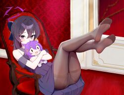 1girl black_hair blue_archive blush casley chair feet feet_up haruka_(blue_archive) haruka_(dress)_(blue_archive) highres long_hair looking_at_viewer panties panties_under_pantyhose pantyhose pantyshot purple_eyes soles toes underwear
