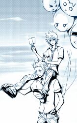 2boys alternate_costume axel_(kingdom_hearts) balloon belt blush commentary english_commentary facial_mark food hand_in_pocket holding holding_food holding_popsicle illbewaiting kingdom_hearts kingdom_hearts_ii male_focus multiple_boys pants popsicle roxas school_uniform shirt shoes short_hair sky smile spiked_hair yaoi