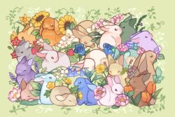 animal animal_focus blue_flower blue_rose closed_eyes commentary dewlap english_commentary flower food fruit green_background highres leaf lily_of_the_valley neogeopet no_humans original rabbit rose strawberry sunflower too_many