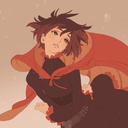 1girl 55bata6rou belt black_dress black_eyes black_hair cape cowboy_shot crossed_arms dress floating_clothes floating_hair grey_background highres looking_up multicolored_hair red_cape red_hair ruby_rose rwby short_hair solo standing