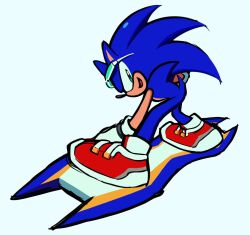 1boy animal_ears animal_nose blue_background commentary_request eyewear_on_head full_body furry furry_male gloves green_eyes highres hoverboard korean_commentary male_focus official_alternate_costume red_shoes rodka_sth shoes simple_background smile solo sonic_(series) sonic_riders sonic_riders_(series) sonic_the_hedgehog sonic_the_hedgehog_(riders) standing sunglasses tail white_gloves