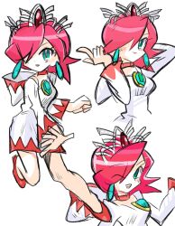 1girl blue_eyes crown dress earrings final_fantasy full_body hair_over_one_eye hashtag-only_commentary highres jewelry long_sleeves looking_at_viewer mario_(series) mario_basketball_3on3 medium_hair nintendo one_eye_closed open_mouth pink_hair rakugaki_shitagari-ya shirma simple_background smile solo standing white_background white_dress white_mage_(final_fantasy)