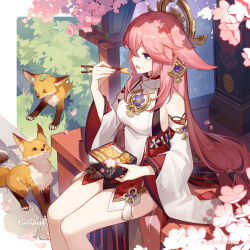 1girl absurdres animal_ears bare_shoulders bento breasts chopsticks commentary detached_sleeves english_commentary fox fox_ears genshin_impact hair_between_eyes highres holding holding_chopsticks long_hair long_sleeves looking_at_animal nontraditional_miko official_art outdoors parted_lips pink_hair sideboob sitting smile solo very_long_hair yae_miko