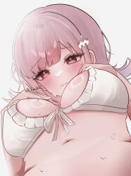 Rule 34 | 1girl, bikini, blush, breasts, brown hair, churu (chu1e0), danganronpa (series), danganronpa 2: goodbye despair, flipped hair, highres, looking at viewer, looking down, medium hair, mole, mole on breast, nanami chiaki, navel, pink eyes, solo, spaceship hair ornament, sweat, swimsuit
