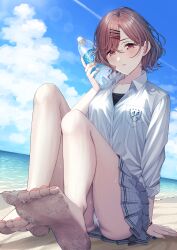 1girl absurdres ae_iueo arm_support bare_legs barefoot beach blue_sky blush bottle bracelet brown_hair cloud collarbone contrail feet foot_focus highres higuchi_madoka holding holding_bottle idolmaster idolmaster_shiny_colors jewelry knees_up looking_at_viewer mole mole_under_eye nail_polish on_ground open_collar outdoors panties pantyshot plaid_clothes plaid_skirt pleated_skirt red_eyes sand sand_on_skin school_uniform shirt sitting skirt sky soles solo sweatdrop toenail_polish toenails toes underwear water_bottle white_panties white_shirt