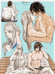 Rule 34 | 1boy, 1girl, abs, beard, bed, black hair, braid, chinstrap beard, clive rosfield, couple, facial hair, final fantasy, final fantasy xvi, grey hair, highres, horoq3, hug, jill warrick, muscular, muscular male, pectorals, scar, scar on face, single braid, topless male, upper body, waking up