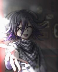 Rule 34 | 1boy, absurdres, backlighting, buttons, checkered clothes, checkered scarf, closed eyes, commentary, danganronpa (series), danganronpa v3: killing harmony, flipped hair, foreshortening, hair between eyes, happy, highres, indoors, light particles, light rays, long sleeves, looking at viewer, male focus, medium hair, multicolored buttons, muted color, oma kokichi, open mouth, purple hair, reaching, reaching towards viewer, scarf, scene reference, smile, solo, spoilers, two-tone scarf, upper body, wibboo