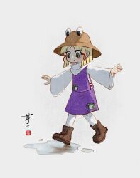 Rule 34 | 1girl, animal print, ay606078, blonde hair, blush, boots, brown boots, brown hat, commentary, frog print, full body, hair ribbon, hat, highres, long sleeves, moriya suwako, outstretched arms, pantyhose, puddle, purple skirt, purple vest, red ribbon, ribbon, signature, skirt, skirt set, solo, spread arms, touhou, tress ribbon, vest, water, white pantyhose, wide sleeves