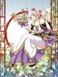 Rule 34 | 1girl, armpit crease, artist request, bare arms, bare shoulders, bracelet, breasts, brown eyes, capelet, cleavage, clenched hand, collarbone, crease, dress, eyelashes, feet, female focus, female robin (fire emblem), female robin (valentine) (fire emblem), fingerless gloves, fingernails, fire emblem, fire emblem awakening, fire emblem heroes, flower, flower bracelet, flower knot, full body, garden, gloves, hair flower, hair ornament, halterneck, hands up, happy, highres, invisible chair, lips, long dress, long hair, looking at viewer, medium breasts, mermaid dress, neck, nintendo, off shoulder, official alternate costume, rope belt, sandals, scan, sidelocks, signature, sitting, sleeveless, sleeveless dress, smile, spaghetti strap, swept bangs, tight clothes, tight dress, toes, twintails, white hair