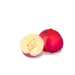 bird chai_(drawingchisanne) commentary_request food food_focus fruit in_food lying no_humans on_back original plum signature simple_background sweets_bird white_background