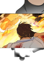 3boys back back_tattoo black_gloves blood brothers brown_hair chamsut0905 commentary_request elder_marine_brother embers fire gloves highres korean_commentary male_focus monkey_d._luffy multiple_boys one_piece one_piece_fan_letter orange_shorts portgas_d._ace puzzle_piece shorts siblings sleeveless tattoo