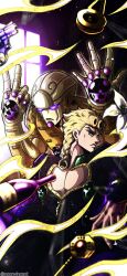 1boy 1other absurdres black_jacket blonde_hair bottle braid cleavage_cutout closed_mouth clothing_cutout commentary compound_eyes earrings english_commentary flower giorno_giovanna gold_experience gold_skin green_eyes gun handgun hands_up high_collar highres indoors jacket jewelry jojo_no_kimyou_na_bouken key ladybug_ornament long_hair long_sleeves looking_to_the_side male_focus mr.president_(stand) noonvincent pectoral_cleavage pectorals purple_eyes revolver sitting stand_(jojo) stud_earrings vento_aureo weapon white_flower window wine_bottle wing_ornament zipper_pull_tab