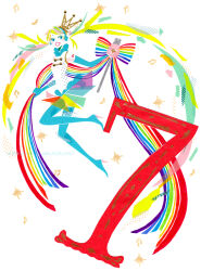 1girl :d anniversary aqua_hair beamed_eighth_notes blonde_hair blue_boots blue_eyes blue_gloves boots commentary_request crown eighth_note elbow_gloves floating_hair gloves hatsune_miku headphones high_heel_boots high_heels highres holding holding_microphone holding_ribbon long_hair masking_tape_(medium) microphone mixed_media multicolored_hair multicolored_skirt musical_note open_mouth rainbow_order rainbow_ribbon red_lips ribbon ryono shirt shoulder_tattoo skirt sleeveless sleeveless_shirt smile solo sparkle tattoo thigh_boots traditional_media twintails two-tone_hair unconventional_media very_long_hair vocaloid watermark web_address white_shirt