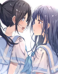 2girls absurdres bad_id bad_pixiv_id black_hair blue_eyes blue_hair blue_neckerchief blue_sailor_collar commentary_request eye_contact hibike!_euphonium highres kasaki_nozomi liz_to_aoi_tori long_hair looking_at_another multiple_girls neckerchief open_mouth parted_lips profile red_eyes rococomm123 sailor_collar school_uniform serafuku shirt short_sleeves smile upper_body white_background white_shirt yoroizuka_mizore