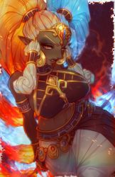 1girl armlet blue_hair breasts circlet dark-skinned_female dark_skin elufae fingernails fire gerudo halterneck hand_on_own_hip ice jewelry large_breasts lips long_fingernails navel nintendo pointy_ears red_hair ring smile solo the_legend_of_zelda the_legend_of_zelda:_ocarina_of_time twinrova twintails white_hair witch yellow_eyes