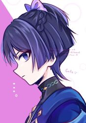 Rule 34 | ..., 1boy, alternate hairstyle, black bodysuit, blue cape, blunt ends, bodysuit, bow, braid, cape, closed mouth, english text, eyelashes, eyeliner, eyeshadow, from side, genshin impact, gold, hair bow, half up braid, high ponytail, highres, makeup, male focus, natuo e, official alternate hairstyle, ponytail, profile, purple background, purple bow, purple eyes, purple hair, red eyeliner, red eyeshadow, scaramouche (genshin impact), short ponytail, solo, turtleneck, turtleneck bodysuit, twitter username, two-tone background, wanderer (genshin impact), white background