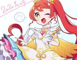 1girl ;d steamed_bun bright_pupils commentary_request cowboy_shot dated dress feathered_wings food fur_collar gloves hands_up heart highres idol_clothes long_hair looking_at_viewer mzh one_eye_closed open_mouth ponytail pretty_series pripara red_hair shiratama_mikan smile solo spoken_food standing white_background white_dress white_gloves white_pupils wings yellow_eyes yellow_wings