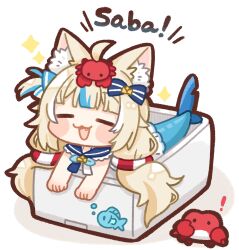 Rule 34 | !, 1girl, :3, = =, ahoge, animal, animal ear fluff, animal ears, animal on head, blonde hair, blue hair, blue neckerchief, blue sailor collar, blue streaks, bow, box, cat ears, character name, chibi, closed eyes, commentary, cooler, crab, fang, fins, fish girl, fish tail, hair bow, highres, in box, in container, indie virtual youtuber, lifebuoy hair ornament, long hair, low twintails, lying, multicolored hair, neckerchief, on head, on stomach, one side up, open mouth, sailor collar, same anko, sameko saba, simple fish, sleeveless, smile, solo, sparkle, streaked hair, tail, twintails, very long hair, virtual youtuber, white hair