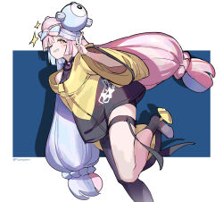 absurdres boots bow-shaped_hair character_hair_ornament creatures_(company) game_freak grey_boots grey_pantyhose hair_ornament hexagon_print highres huanxiang_huifeng iono_(pokemon) jacket long_hair low-tied_long_hair multicolored_hair nintendo oversized_clothes pantyhose pokemon pokemon_sv sharp_teeth single_leg_pantyhose sleeves_past_fingers sleeves_past_wrists split-color_hair teeth two-tone_hair very_long_sleeves x yellow_jacket