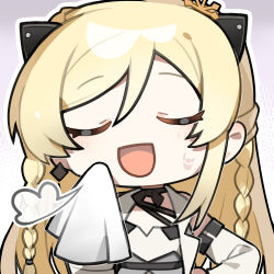1girl :d artist_request black_ribbon blonde_hair braid chibi chibi_only chinese_commentary closed_eyes girls&#039;_frontline girls&#039;_frontline_neural_cloud hair_ribbon k5_(girls&#039;_frontline) long_hair luna_(neural_cloud) napkin official_art open_mouth puff_of_air ribbon second-party_source smile solo sweat wiping