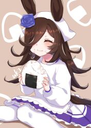 1girl :t animal_ears artist_name bandana black_hair blue_flower blue_rose blue_skirt closed_eyes closed_mouth commentary eating flower food food_on_face frilled_skirt frills grey_background hair_flower hair_ornament hair_over_one_eye highres horse_ears horse_girl horse_tail long_hair long_sleeves medium_skirt motion_lines neru_ika onigiri rice_shower_(umamusume) rose shirt signature sitting skirt solo tail thighhighs umamusume wariza white_bandana white_shirt white_thighhighs