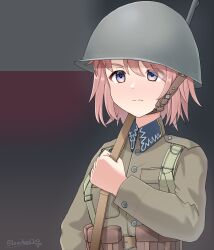 1girl absurdres ammunition_pouch arm_up artist_name belt blue_eyes brown_belt brown_jacket closed_mouth combat_helmet commentary flag_background frown gun gun_sling helmet highres holding holding_gun holding_weapon jacket leochan1202 long_sleeves military military_uniform original pink_hair poland polish_army polish_flag pouch short_hair soldier solo suspenders upper_body weapon world_war_ii