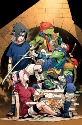 1girl 3boys bandana black_hair commentary crossover eating english_commentary fingerless_gloves food food_on_face forehead_protector gloves hairband haruno_sakura highres holding holding_food holding_pizza holding_sword holding_weapon jorge_jimenez katana konohagakure_symbol leonardo_(tmnt) mask multiple_boys naruto_(classic) naruto_(series) official_art pink_hair pizza pizza_box pizza_slice raphael_(tmnt) shorts sitting smile spiked_hair sword teenage_mutant_ninja_turtles toeless_footwear turtle_boy uchiha_sasuke weapon
