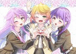 3girls ;d ahoge arm_up belt black_dress black_jacket black_ribbon black_skirt blonde_hair blush braid breasts buttons collared_shirt commentary_request cropped_jacket dress fang gradient_hair green_eyes hand_up hands_up heart heart_hands heart_hands_trio jacket light_particles long_hair long_sleeves looking_at_viewer low_twin_braids low_twintails medium_hair minami_(apricot_tea) multicolored_hair multiple_girls neck_ribbon neckerchief one_eye_closed open_clothes open_jacket open_mouth orange_hair otonashi_ichie polka_dot polka_dot_background purple_hair red_neckerchief ribbon rinmeikan_girls_school_uniform sailor_collar school_uniform serafuku shirt shoujo_kageki_revue_starlight shoujo_kageki_revue_starlight_-re_live- sidelocks skirt smile standing sumeragi_nadeshiko teeth twin_braids twintails two-tone_hair umibe_minku upper_body upper_teeth_only very_long_hair watermark white_background white_belt white_sailor_collar white_shirt yellow_eyes