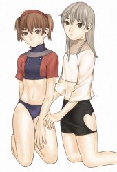 2girls bikini bikini_bottom_only brown_eyes brown_hair clothing_cutout crop_top expressionless flat_chest grey_hair heart_cutout highres kennomou kneeling long_hair looking_at_viewer miniskirt multiple_girls navel original short_hair simple_background skirt swimsuit white_background