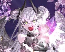 1girl black_fur body_fur ear_piercing earrings fangs fate/grand_order fate_(series) feathered_wings finger_gun green_eyes horns jewelry jyukai7 lilith_(fate) lilith_(third_ascension)_(fate) long_hair looking_at_viewer magic open_mouth piercing pointy_ears purple_background screaming solo upper_body wings