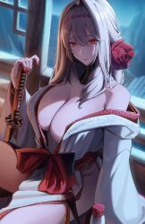 1girl absurdres blurry blurry_background bodam breasts cleavage closed_mouth commentary_request fingernails flower goddess_of_victory:_nikke grey_hair hair_between_eyes hair_flower hair_intakes hair_ornament hand_on_hilt highres indoors japanese_clothes katana kimono large_breasts light_blush long_fingernails long_hair long_sleeves looking_at_viewer nail_polish off_shoulder official_alternate_costume open_clothes open_kimono pelvic_curtain red_eyes red_flower red_nails red_rose red_sash rose sash scarlet_(black_shadow)_(longing_flower)_(nikke) scarlet_(black_shadow)_(nikke) scarlet_(nikke) sheath sheathed sitting solo sword tassel tokkuri weapon white_kimono window