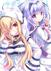 Rule 34 | 2girls, 9-nine-, absurdres, back-to-back, belt, black belt, black bow, black choker, blonde hair, blue eyes, blunt bangs, bow, bowtie, chest belt, chewing gum, choker, closed mouth, commentary request, cowboy shot, criss-cross halter, dress, eyelashes, ghost (9-nine-), grey belt, hair bow, hair intakes, hair ornament, hair over one eye, hakusen academy school uniform, halterneck, hand in pocket, hand up, highres, hood, hood up, hoodie, index finger raised, kousaka haruka, light blush, long bangs, long hair, long sleeves, looking at viewer, multiple girls, one eye covered, polka dot, polka dot bow, purple hair, red eyes, school uniform, side-by-side, simple background, sleeve belt, smile, split mouth, sukonbu385, two side up, undone bowtie, very long hair, watermark, white background, white dress, white hoodie, wide sleeves