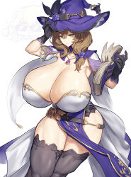 1girl alternate_breast_size black_gloves blonde_hair book breasts brown_hair chibi chibi_inset cleavage eyelashes eyes_visible_through_hair flower genshin_impact gigantic_breasts gloves green_eyes hair_between_eyes hair_flower hair_ornament hat hat_flower highres holding holding_book jewelry lisa_(genshin_impact) long_hair lumine_(genshin_impact) melon22 muscular muscular_female muscular_legs parted_lips purple_flower rose simple_background sunglasses thick_thighs thighhighs thighs white_background witch_hat