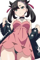 1girl asymmetrical_bangs black_choker black_hair black_jacket black_panties blush breasts choker cowboy_shot creatures_(company) dress earrings game_freak green_eyes hair_ribbon highres jacket jewelry kousuke0912 marnie_(pokemon) nintendo open_clothes open_jacket panties pantyshot pink_dress pokemon pokemon_swsh ribbon short_dress simple_background single_earring small_breasts underwear white_background
