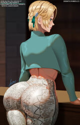 1girl alternate_costume aramyx ass ass_focus blonde_hair fire_emblem fire_emblem:_three_houses forbidden_pants from_behind green_eyes half_updo highres huge_ass ingrid_brandl_galatea meme_attire nintendo pants parted_lips short_hair smile solo tight_clothes tight_pants