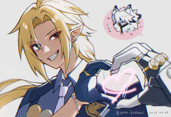2boys ahoge animal_ear_fluff animal_ears artist_name black_gloves black_hair black_jacket blonde_hair bracelet closed_eyes closed_mouth collared_shirt commentary dated ear_piercing fang fingerless_gloves floating_hair flying_sweatdrops furry furry_male gloves grey_eyes grin hair_between_eyes hand_up heart heart_hands heart_hands_duo heterochromia highres hugo_vlad jacket jacket_partially_removed jewelry lapel_pin lapels long_hair low_ponytail male_focus mole mole_under_eye multicolored_hair multiple_boys multiple_rings muzzle_(mask) necktie open_clothes open_jacket parted_bangs piercing pointy_ears ponytail purple_shirt red_eyes ring shirt short_hair sidelocks simple_background smile speech_bubble spoken_character streaked_hair symbol-only_commentary teeth twitter_username upper_body von_lycaon washidake white_background white_hair white_necktie wing_collar wolf_boy wolf_ears zenless_zone_zero
