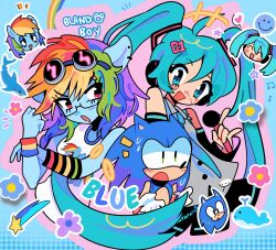 +++ ... 1boy 2girls :d :o \m/ ahoge animal_ear_piercing animal_ears animal_nose aqua_eyes aqua_hair aqua_necktie aqua_trim artist_name back-to-back bare_shoulders bespectacled black-framed_eyewear black_skirt black_sleeves blandboyx blonde_hair blue_border blue_flower blue_hair blue_skin border bracelet breasts buttons character_print chibi chibi_inset color_connection colored_skin commentary cropped_torso crossover detached_sleeves double-parted_bangs english_commentary flower furry furry_male glasses gloves goggles goggles_on_head green_eyes green_hair grey_shirt hair_between_eyes hair_ornament halftone halftone_background hatsune_miku heart highres horse_ears horse_girl ikea_shark jewelry long_hair long_sleeves looking_at_viewer microphone miniskirt mole mole_under_eye multicolored_hair multiple_girls my_little_pony my_little_pony:_friendship_is_magic necktie number_hair_ornament open_mouth orange_hair outline pink_background pink_flower purple_flower purple_hair rainbow_dash rainbow_hair red_eyes red_hair semi-rimless_eyewear shirt sideways_glance simple_background skirt sleeveless sleeveless_shirt small_breasts smile smiley_face sonic_(series) sonic_the_hedgehog spoken_ellipsis spoken_heart star_(symbol) streaked_hair stuffed_animal stuffed_shark stuffed_toy sweat swept_bangs tank_top twintails very_long_hair vocaloid white_gloves white_outline white_tank_top