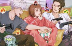 1-up_mushroom 1girl 2boys :d black_hair blue_eyes brown_eyes brown_hair closed_eyes collared_shirt controller couch ear_piercing earrings facial_hair food getou_suguru gojou_satoru goomba great_tchr grey_shirt hair_bun hair_pulled_back highres holding holding_controller ieiri_shoko indoors jewelry jujutsu_kaisen looking_afar looking_at_another mario mario_(series) mole mole_under_eye multiple_boys mustache necktie nintendo on_couch open_mouth piercing playing playing_games playstation_controller popcorn shirt short_hair sitting skateboard smile sticker stud_earrings super_mario_bros._1 super_mushroom teeth track_suit white_hair white_shirt